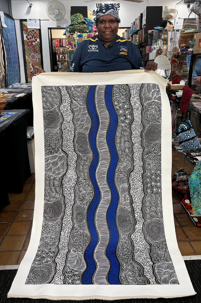 #80 My Country Dreaming (White/Blue) - SHARON NUMINA : Aboriginal Art: 88cm x 147cm