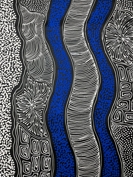 #80 My Country Dreaming (White/Blue) - SHARON NUMINA : Aboriginal Art: 88cm x 147cm