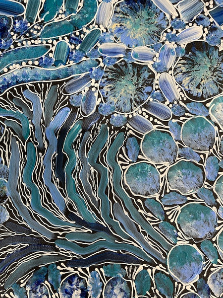 #90 Bush Yam Dreaming (Blues)- RACHAEL NAMBULA: Aboriginal Art 88cm x 150cm