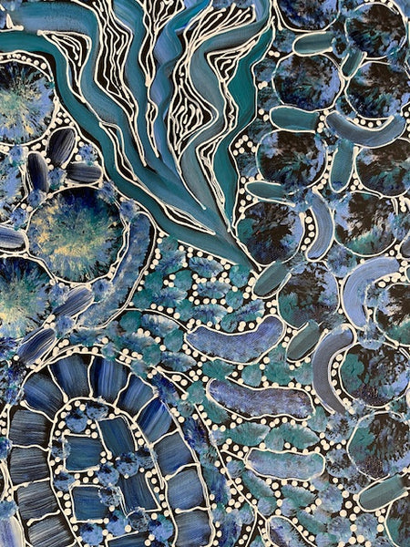 #90 Bush Yam Dreaming (Blues)- RACHAEL NAMBULA: Aboriginal Art 88cm x 150cm