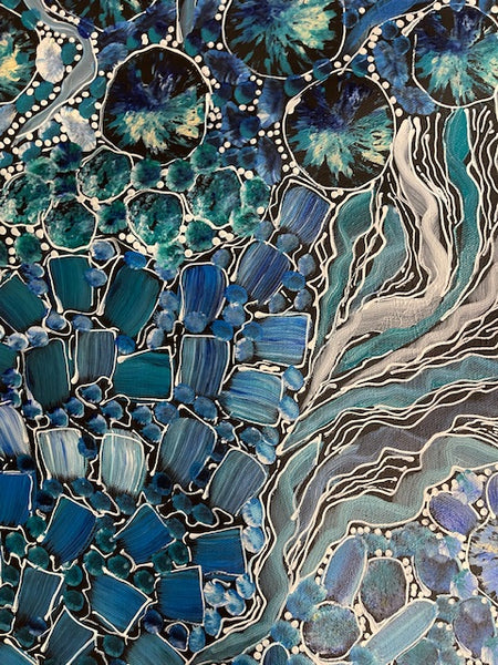 #90 Bush Yam Dreaming (Blues)- RACHAEL NAMBULA: Aboriginal Art 88cm x 150cm