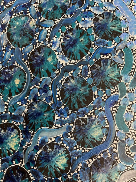 #90 Bush Yam Dreaming (Blues)- RACHAEL NAMBULA: Aboriginal Art 88cm x 150cm