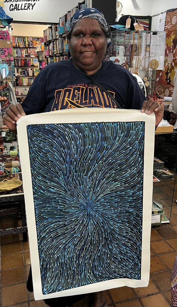 #302 Bush Medicine Seeds (Blue) - SHARON NUMINA : Aboriginal Art: 73cm x 44cm