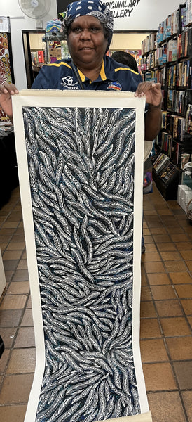 #160 Bush Medicine Vines (White/Blue) - SHARON NUMINA : Aboriginal Art 154cm x 44cm