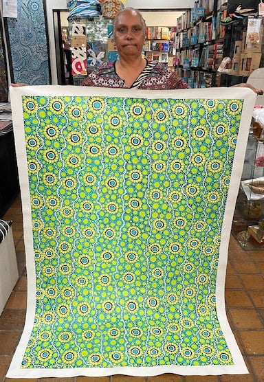 #322 Sacred Water (Blues/Lime) - TREPHINA SULTAN THANGUWA : 150cm x 100cm