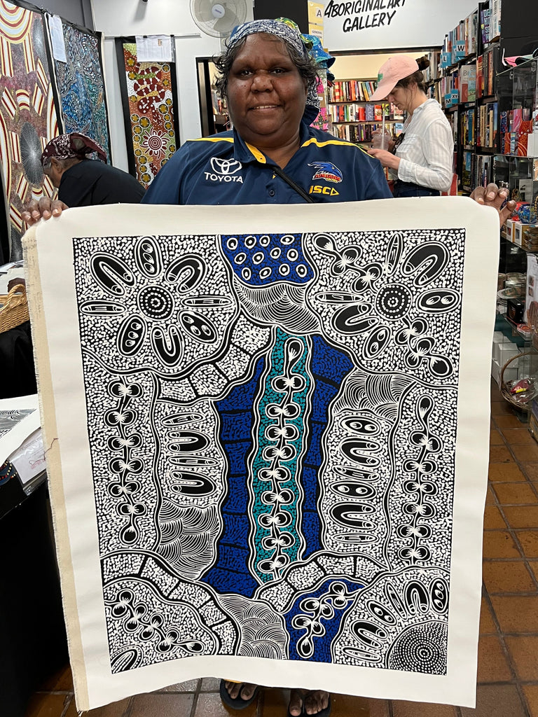 #251 My Country Dreaming (White/Blue) - SHARON NUMINA : Aboriginal Art 70cm x 93cm