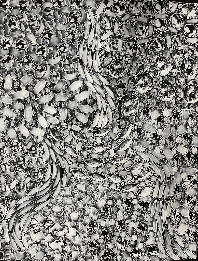 #108 Bush Yam Dreaming (White)- RACHAEL NAMBULA: Aboriginal Art 94x73cm