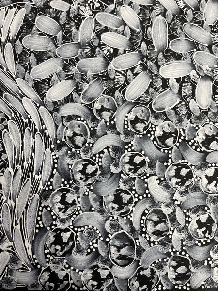 #108 Bush Yam Dreaming (White)- RACHAEL NAMBULA: Aboriginal Art 94x73cm