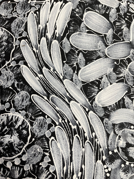 #108 Bush Yam Dreaming (White)- RACHAEL NAMBULA: Aboriginal Art 94x73cm
