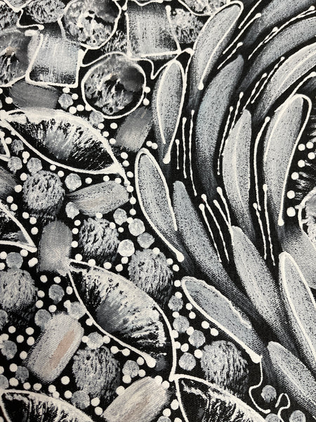 #108 Bush Yam Dreaming (White)- RACHAEL NAMBULA: Aboriginal Art 94x73cm