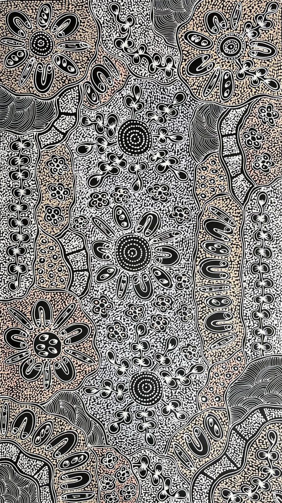 #137 My Country Dreaming (White/Beige) - SHARON NUMINA : Aboriginal Art 146cm x 83cm