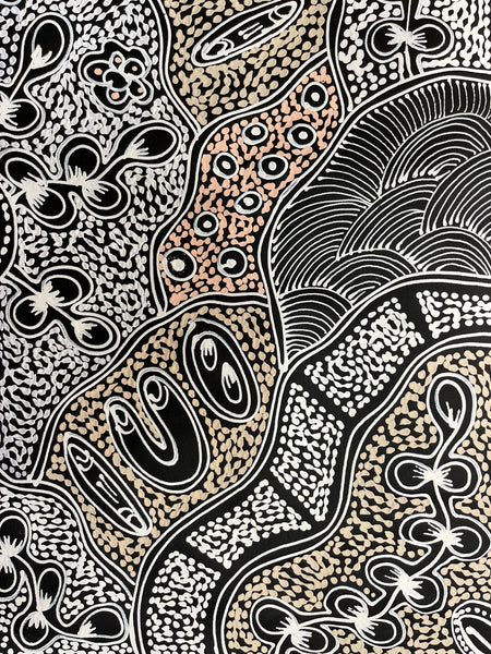 #137 My Country Dreaming (White/Beige) - SHARON NUMINA : Aboriginal Art 146cm x 83cm