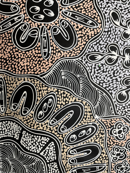 #137 My Country Dreaming (White/Beige) - SHARON NUMINA : Aboriginal Art 146cm x 83cm
