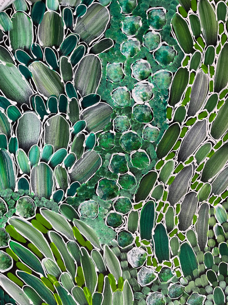 #174 Bush Yam Dreaming (Greens) - RACHAEL NAMBULA: Aboriginal Art 200cm x 84cm