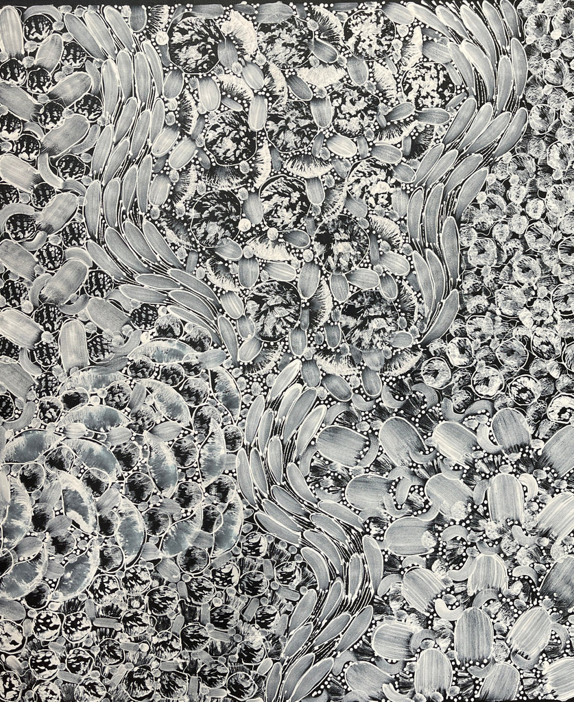 #87 Bush Yam Dreaming (Black/White)- RACHAEL NAMBULA: Aboriginal Art 73x94cm