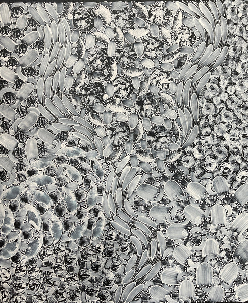 #87 Bush Yam Dreaming (Black/White)- RACHAEL NAMBULA: Aboriginal Art 73x94cm