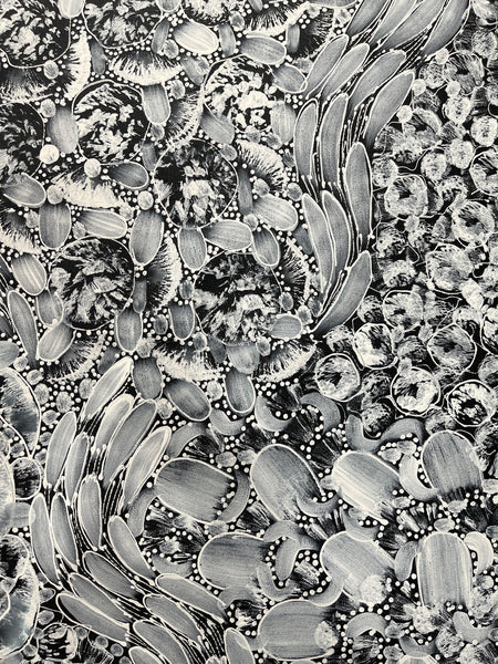 #87 Bush Yam Dreaming (Black/White)- RACHAEL NAMBULA: Aboriginal Art 73x94cm