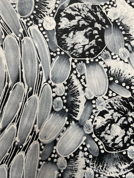 #87 Bush Yam Dreaming (Black/White)- RACHAEL NAMBULA: Aboriginal Art 73x94cm
