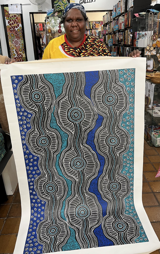 #260 Emu Dreaming (Blues)  - SHARON NUMINA Aboriginal Art: 86cm x 145cm