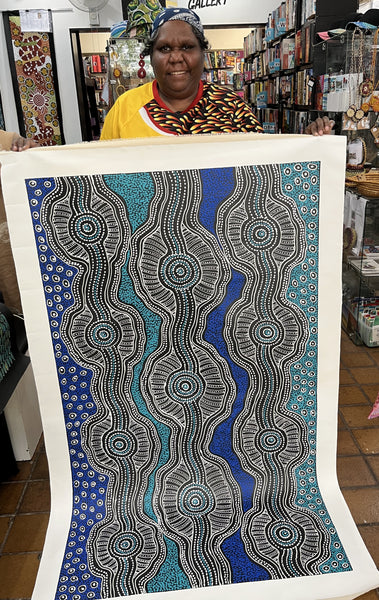 #260 Emu Dreaming (Blues)  - SHARON NUMINA Aboriginal Art: 86cm x 145cm