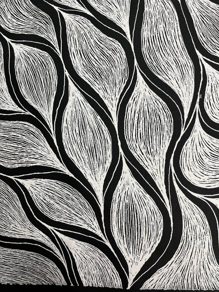 #91 My Country (Black/White) ARTIST: DELVINE PETYARRE 72cm x 93cm