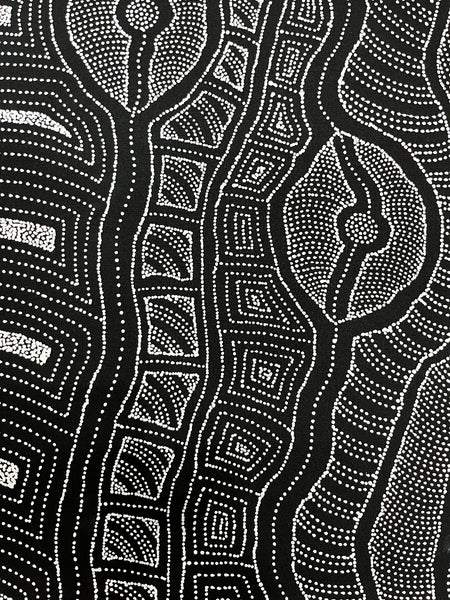 #100 My Country (Black/White) ARTIST: DELVINE PETYARRE 73cm x 94cm