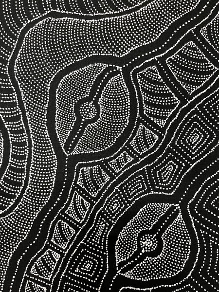 #100 My Country (Black/White) ARTIST: DELVINE PETYARRE 73cm x 94cm