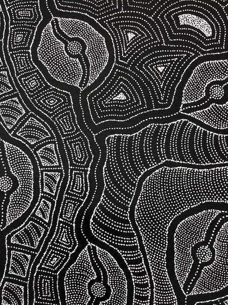 #100 My Country (Black/White) ARTIST: DELVINE PETYARRE 73cm x 94cm