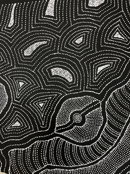 #100 My Country (Black/White) ARTIST: DELVINE PETYARRE 73cm x 94cm