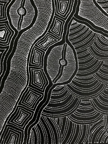 #157 My Country (Black/White) ARTIST: DELVINE PETYARRE 200cm x 72cm