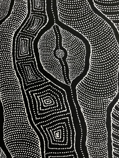 #157 My Country (Black/White) ARTIST: DELVINE PETYARRE 200cm x 72cm