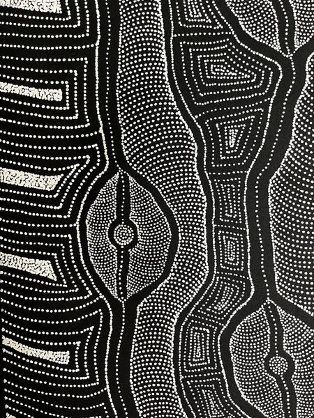 #157 My Country (Black/White) ARTIST: DELVINE PETYARRE 200cm x 72cm