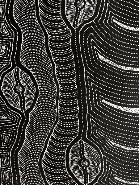 #157 My Country (Black/White) ARTIST: DELVINE PETYARRE 200cm x 72cm