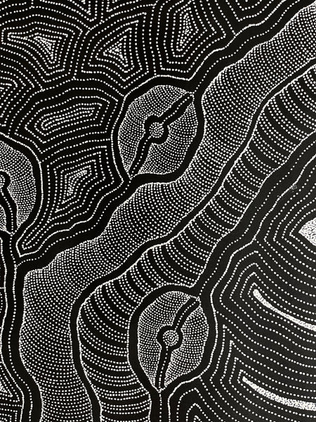 #157 My Country (Black/White) ARTIST: DELVINE PETYARRE 200cm x 72cm