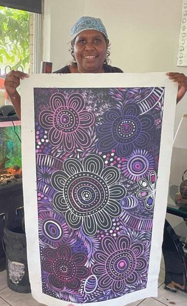 #125 Women Collecting Bush Leaves (Purples)- SELINA NUMINA : Aboriginal Art:  43cm x 60cm