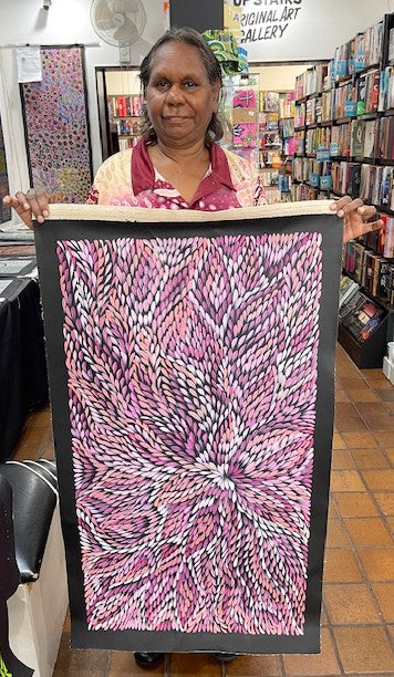 #226 Bush Medicine Leaves (Pinks) - CAROLINE NUMINA : Aboriginal Art: 53 x 96cm