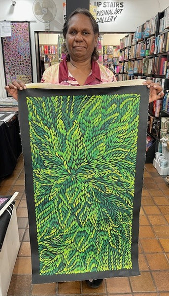 #61 Bush Medicine Leaves (Green) - CAROLINE NUMINA : Aboriginal Art: 51 x 98cm