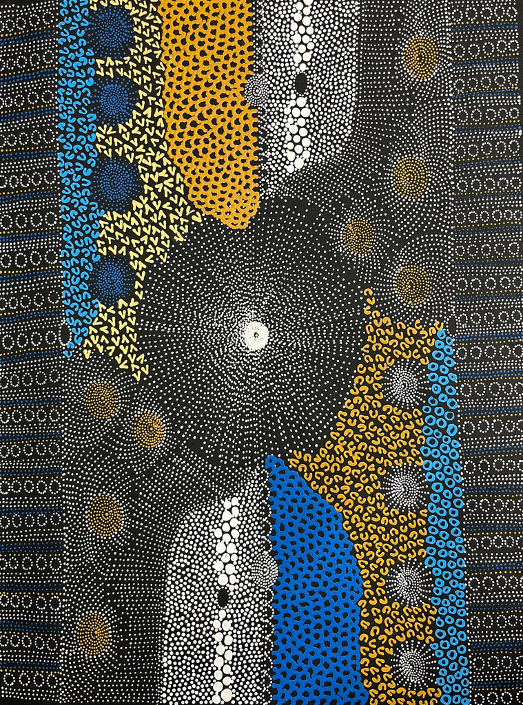 #241 Water Dreaming Ngapa (Earth/Blue) JANET LONG NAKAMARRA: Aboriginal Art: 70 x 93cm