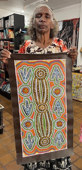 #385 Emu Dreaming - Katrina Napaljarri Spencer: ABORIGINAL ART: 69cm x 34cm