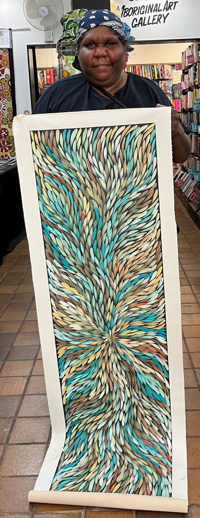 #279 Bush Medicine Leaves (Kookaburra) - SHARON NUMINA : Aboriginal Art: 42cm x 152cm