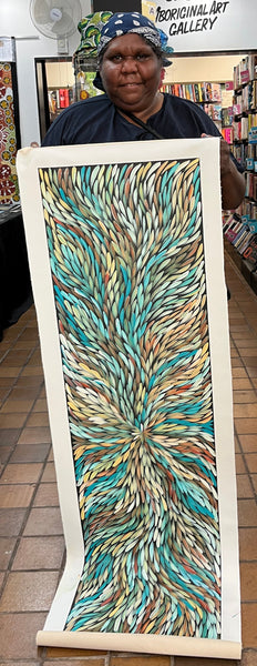 #279 Bush Medicine Leaves (Kookaburra) - SHARON NUMINA : Aboriginal Art: 42cm x 152cm