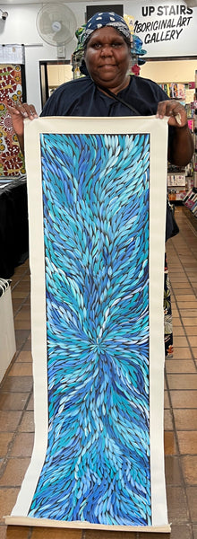 #69 Bush Medicine Leaves (Blues) - SHARON NUMINA : Aboriginal Art: 39cm x 153cm