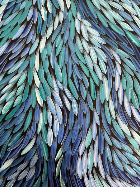 #69 Bush Medicine Leaves (Blues) - SHARON NUMINA : Aboriginal Art: 39cm x 153cm