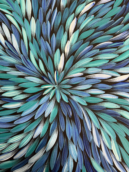 #69 Bush Medicine Leaves (Blues) - SHARON NUMINA : Aboriginal Art: 39cm x 153cm