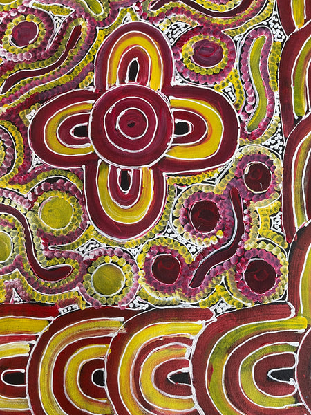 #193 Women's Body Design (Red/Yellow/Pink)- RACHAEL NAMBULA: Aboriginal Art 90x200cm