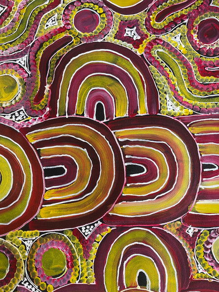 #193 Women's Body Design (Red/Yellow/Pink)- RACHAEL NAMBULA: Aboriginal Art 90x200cm