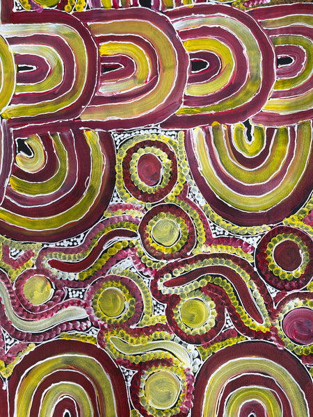 #193 Women's Body Design (Red/Yellow/Pink)- RACHAEL NAMBULA: Aboriginal Art 90x200cm