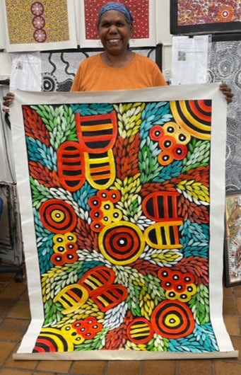 #222 Women's Body Design with Bush Medicine leaves & yams (Multi) - JACINTA NUMINA : Aboriginal Art: 91x144cm