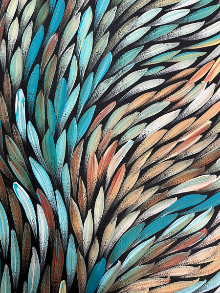 #279 Bush Medicine Leaves (Kookaburra) - SHARON NUMINA : Aboriginal Art: 42cm x 152cm