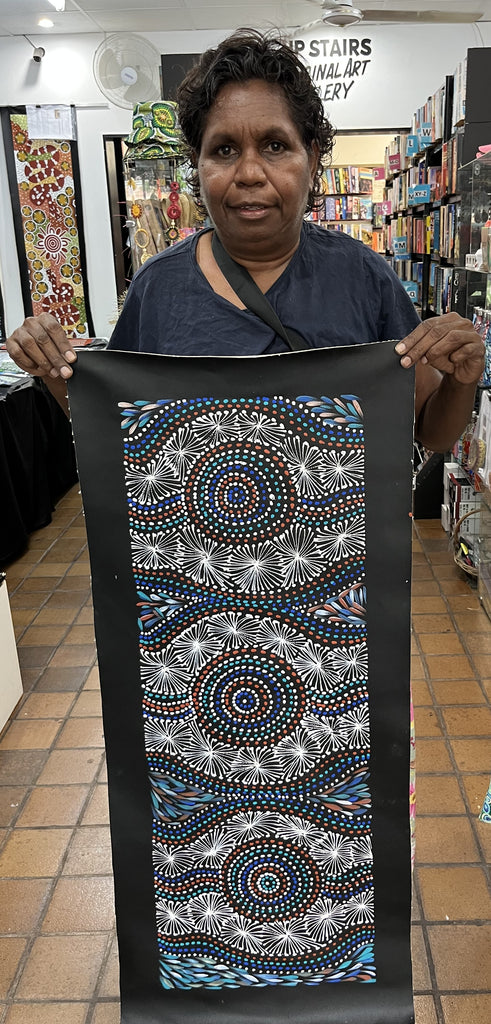 #34 Waterholes & Bush Leaves (Multi) - SELINA NUMINA : Aboriginal Art: 32xm x 93cm